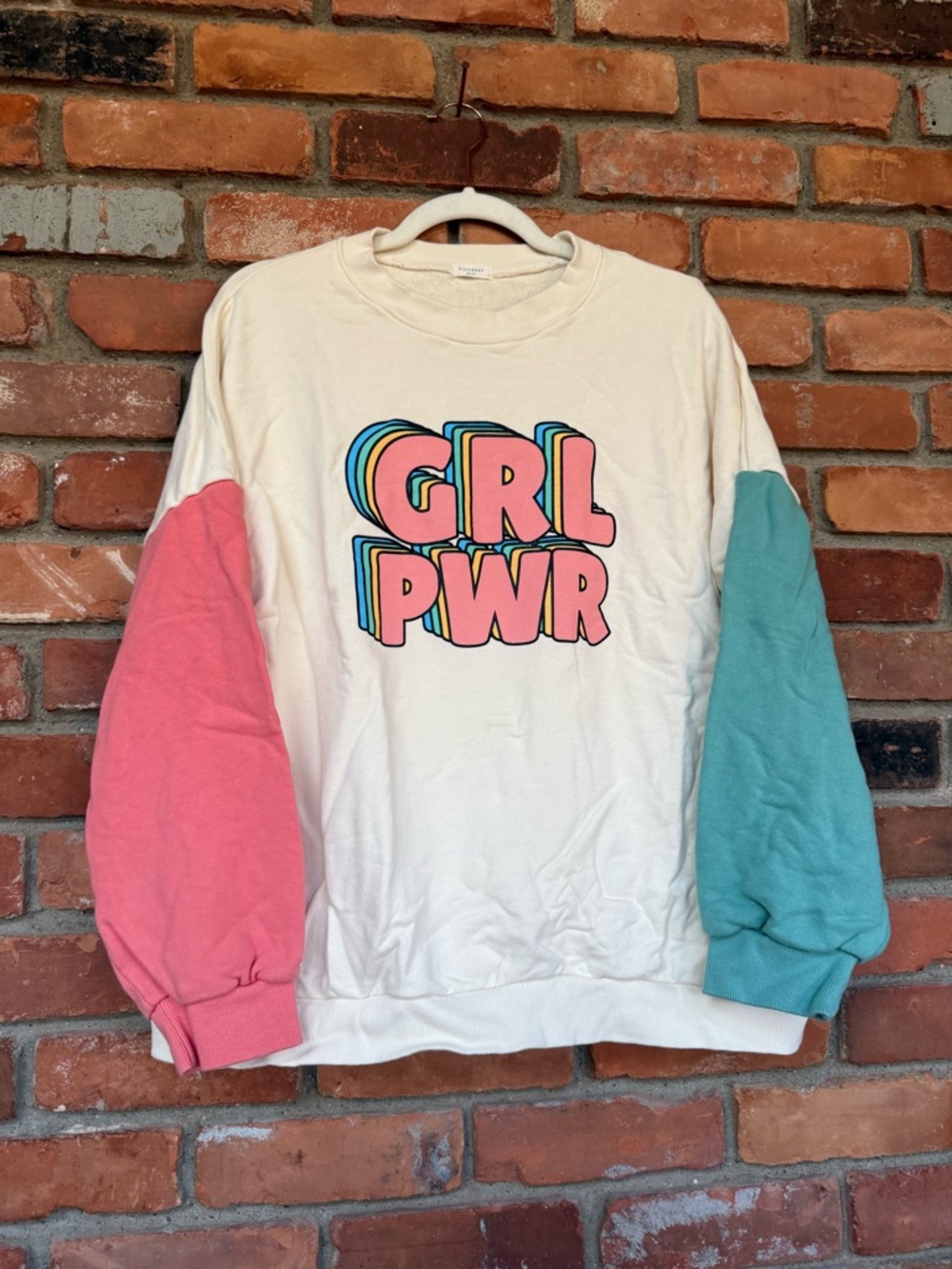 Cream 'GRL PWR' Colorblock Sleeve Sweatshirt - Pink & Teal